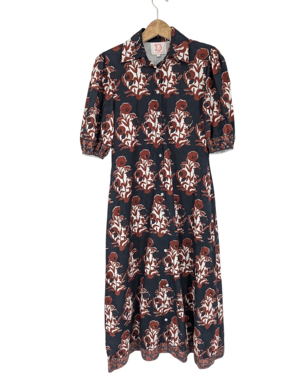 Victoria Dunn Eden Midi Shirt Dress Floral Navy Red RARE Print 100% Cotton XS
